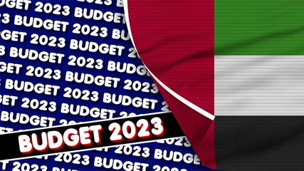 United Arap Emirates Realistic Flag with Budget 2023 Title Fabric Texture Effect 3D Illustration