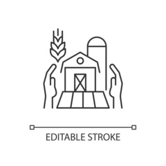 Farmers support linear icon. Local agricultural producers. Funding program for farming business. Thin line customizable illustration. Contour symbol. Vector isolated outline drawing. Editable stroke