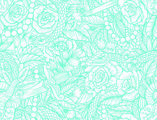 Vector hand drawn page for coloring book. A human heart pierced with a dagger with snakes and beautiful flowers and leaves. Line drawn seamless pattern with roses and animals
