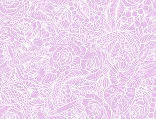 Fototapeta na wymiar Vector hand drawn print for printing on fabric and paper. A human heart pierced with a dagger with snakes and beautiful flowers and leaves. Line drawn seamless pattern with roses and animals