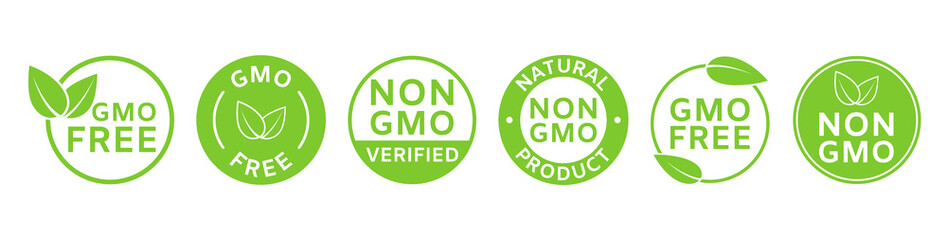 Non GMO labels. GMO free icons. Healthy food concept. Organic cosmetic. No GMO design elements for tags, product package. Eco, vegan, bio. Beauty product. Sustainable life. Vector illustration