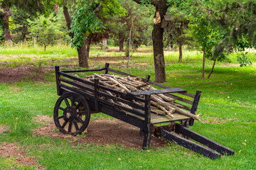 Fototapeta na wymiar Old wooden cart with firewood in city park