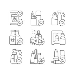 Refillable products linear icons set. Recyclable and eco friendly package. Zero waste. Customizable thin line contour symbols. Isolated vector outline illustrations. Editable stroke