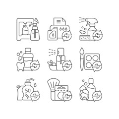Reusable products linear icons set. Eco friendly package for cosmetics. Reusable products. Customizable thin line contour symbols. Isolated vector outline illustrations. Editable stroke