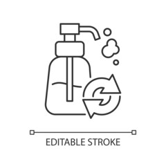 Obraz premium Refillable soap dispenser linear icon. Eco friendly package for domestic skincare products. Thin line customizable illustration. Contour symbol. Vector isolated outline drawing. Editable stroke