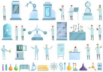 Laboratory research icons set cartoon vector. Science dna. Chemistry medicine