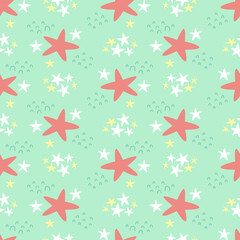 Cartoon background for baby. Doodle childish seamless pattern for stars on mint
