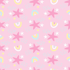 Cartoon background for baby. Doodle childish seamless pattern for stars and rainbows on pink
