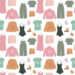 Seamless pattern with various clothes made from ethical materials. Recycled textiles and clothing. Concept of sustainable fashion, green technologies. Texture with eco products.