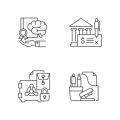 Corporate intellectual property linear icons set. Trade secrets. Company safety. Chancellery. Customizable thin line contour symbols. Isolated vector outline illustrations. Editable stroke