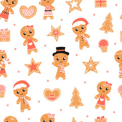Christmas gingerbread cookies seamless pattern with hearts, trees and stars, winter holidays fabric design or wrapping paper, biscuits in cartoon style on white background, cute xmas ornament, cooking
