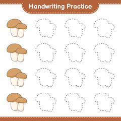 Handwriting practice. Tracing lines of Mushroom Boletus. Educational children game, printable worksheet, vector illustration