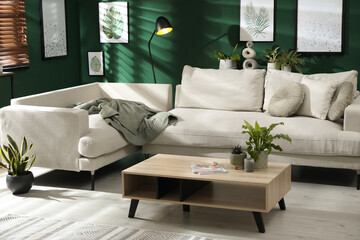 Modern living room interior with stylish comfortable sofa