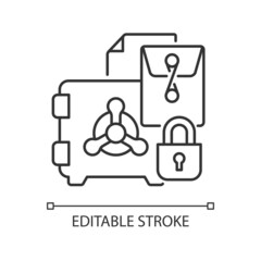 Trade secrets linear icon. Intellectual property right. Locked in a vault. Confidential forms. Thin line customizable illustration. Contour symbol. Vector isolated outline drawing. Editable stroke