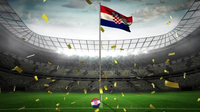 Golden confetti falling over waving croatia flag against sports stadium in background