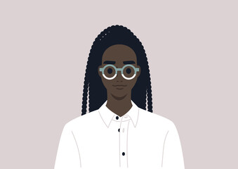 A young female Black character wearing fancy eyeglasses and a white button up shirt, office smart casual lifestyle