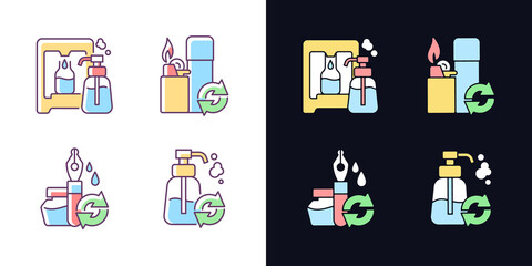 Products refill light and dark theme RGB color icons set. Soap stand and dispenser. Ink pen. Lighter refill. Isolated vector illustrations on white and black space. Simple filled line drawings pack
