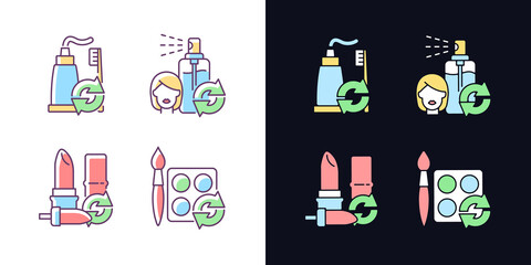 Refill and reuse light and dark theme RGB color icons set. Toothpaste and brush. Eco friendly package. Isolated vector illustrations on white and black space. Simple filled line drawings pack