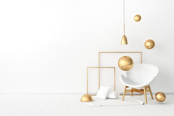 3D rendering of white room with chair and golden sphere. Concept of minimalism. Empty wall mock up. 3d illustration