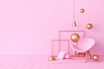 3D rendering of pink monochrome room with chair and golden sphere. Concept of minimalism art. Empty wall mock up. 3d illustration