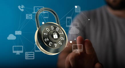 Businessman using digital padlock with data protection 3D rendering