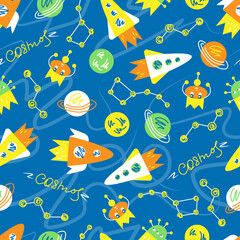 Space. Childish seamless pattern with rockets, constellations, planets and aliens. Cartoon kid's background