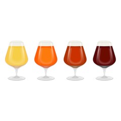 Set with craft beer in snifters for banners, flyers, posters, cards. Light and dark beer, ale, and lager. Beer Day. October fest. Vector illustration isolated on white background.