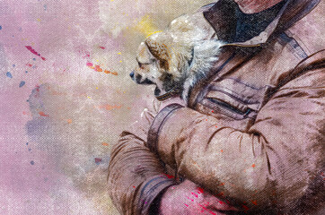 Digital watercolor painting of touching portrait of a man and small white pet. Adult man keeps his Chihuahua dog warm in his brown leather jacket. Caring for pet. Modern art. Abstract wallpaper.