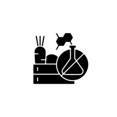 Chemical free food production black glyph icon. Toxic and gmo free products. Organic fruits and vegetables. No additives. Silhouette symbol on white space. Vector isolated illustration