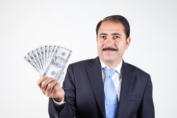 Mature company business man holding money showing prize winner in hand