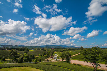 green farm sky clouds beautiful mountains good weather