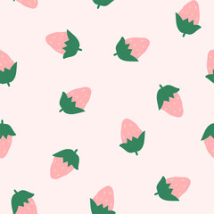 Cute naive berry seamless pattern for fabric design. Hand-drawn repeat background with pink strawberry on white background.