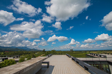 Naklejka premium green farm sky clouds beautiful mountains good weather