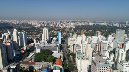 Aerial view of the Jardim Paulista region. Many housing buildings. With Av. 9 de Julho and Ibirapuera Parque in the background