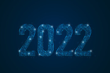 Abstract isolated blue image of new year number 2022. Polygonal low poly wireframe illustration looks like stars in the blask night sky in spase or flying glass shards. Digital web, internet design. © Katsiaryna