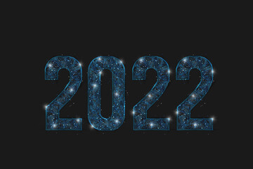 Abstract isolated blue image of new year number 2022. Polygonal low poly wireframe illustration looks like stars in the blask night sky in spase or flying glass shards. Digital web, internet design. © Katsiaryna