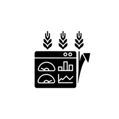 Crop and soil monitoring and management black glyph icon. Monitoring quality of soil. System analyses data. Farming management. Silhouette symbol on white space. Vector isolated illustration