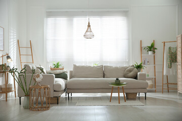 Stylish living room interior with comfortable grey sofa and plants