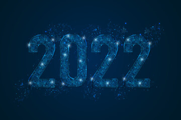 Abstract isolated blue image of new year number 2022. Polygonal low poly wireframe illustration looks like stars in the blask night sky in spase or flying glass shards. Digital web, internet design. © Katsiaryna