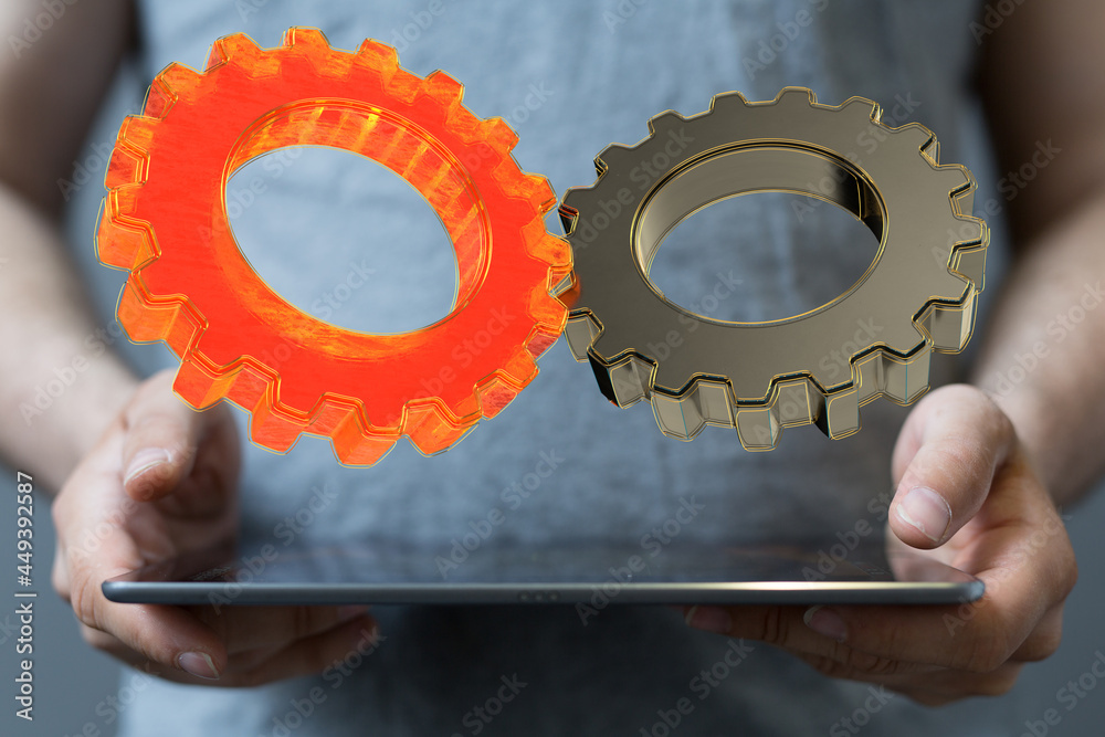 Poster Cogs and gear wheel mechanisms. Hi-tech digital technology and engineering. Abstract technical background..