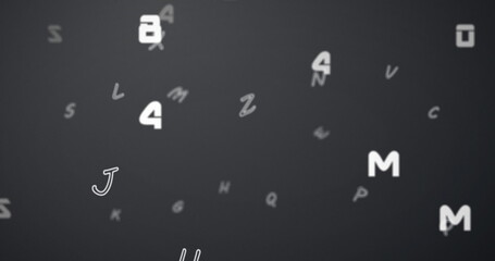 Digital image of multiple changing numbers and alphabets floating against grey background