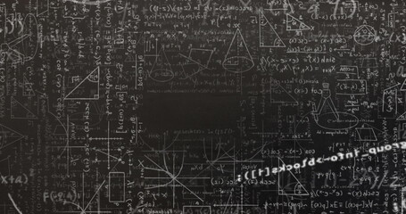 Digital image of data processing against mathematical equations on black background