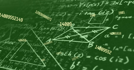 Digital image of multiple changing numbers floating against mathematical equations on green back