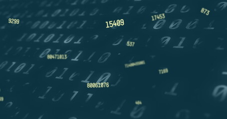 Digital image of multiple changing numbers against binary coding data processing on blue backgro