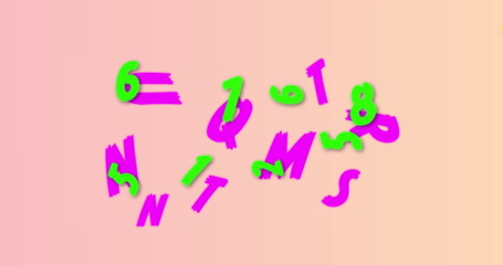 Digital image of multiple numbers and alphabets floating against pink background