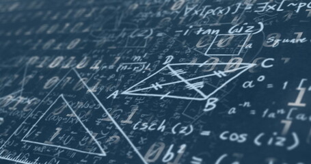 Digital image of binary coding data processing against mathematical equations on blue background