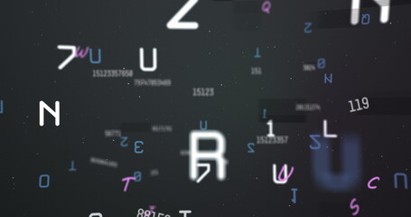 Digital image of multiple numbers and alphabets floating against black background