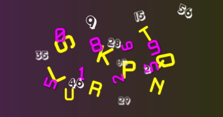 Digital image of multiple numbers and alphabets floating against purple background