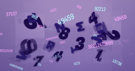 Digital image of changing numbers against multiple changing numbers and alphabets on purple back
