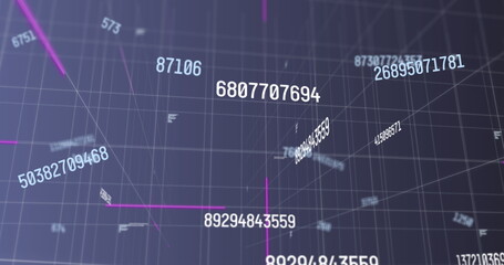 Digital image of multiple changing numbers on grid network against blue background